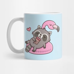 Cute Raccoon Chilling on Flamingo Pool Float Mug